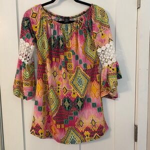 Festival Boho Tunic Top WinWin Geometric Print Bell Sleeve‎ Small